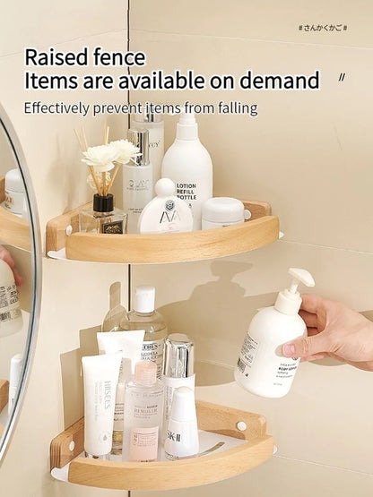 Badezimmer-Aufbewahrungsregal aus Holz und Aluminium, Aufbewahrungsregal für Badezimmer, perforationsfrei, Wandbehang, Waschtisch, WC, dreieckiges Eckregal