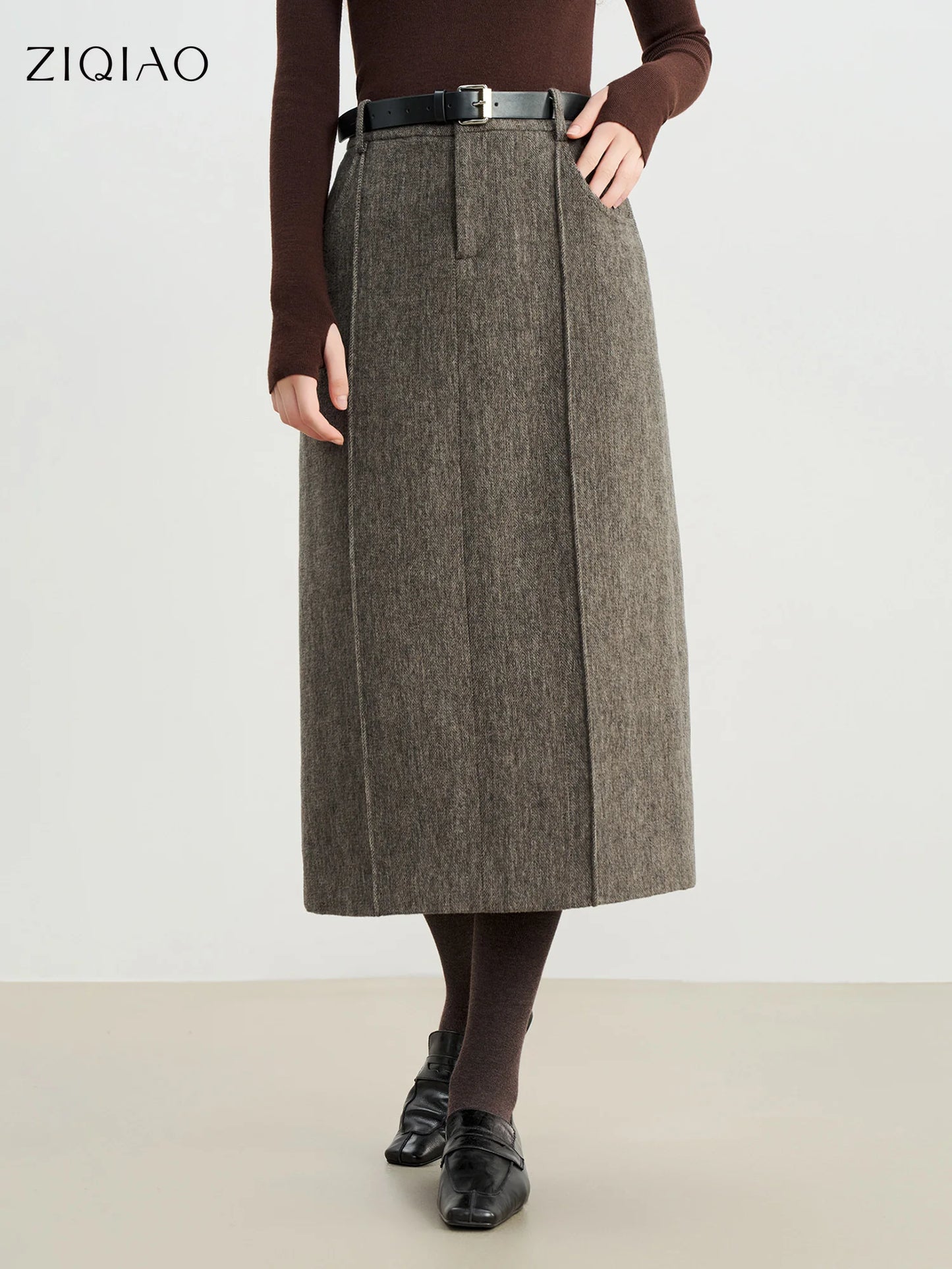 ZIQIAO Retro Mid-length Straight Skirt for Women 2025 Autumn and Winter New Slit Woolen Skirt Commuting Soft Warm British Style.