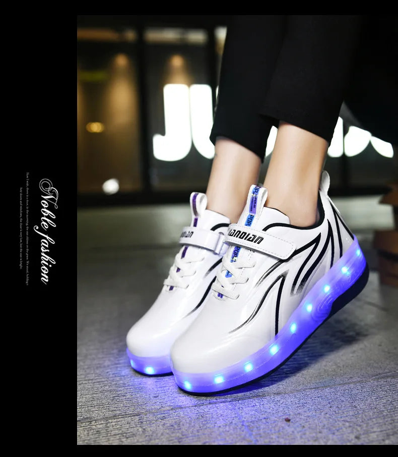 YUNICUS Led Light Boys Girls Shoe USB Charging Black Two Wheels Luminous Sneakers Roller Skate Shoes for Children Kids Led Shoes.