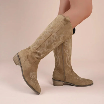 Embroidered Western Cowboy Boots for Women Autumn Pointed Toe Thick Heel High Knee Boots Woman Loose PU Leather Long Botas Mujer.