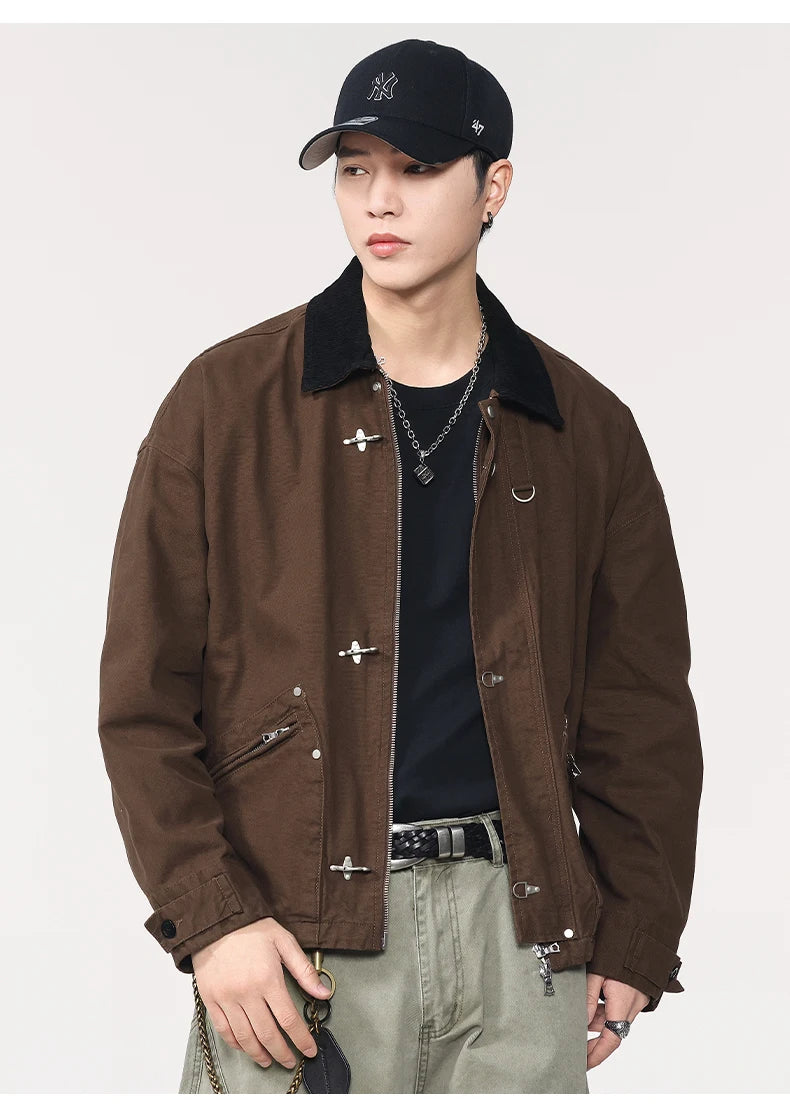 Men Washed Cotton Metal Buckle Streetwear Vintage Loose Casual Short Bomber Cargo Jacket Couple Spring Autumn Coat Outerwear.