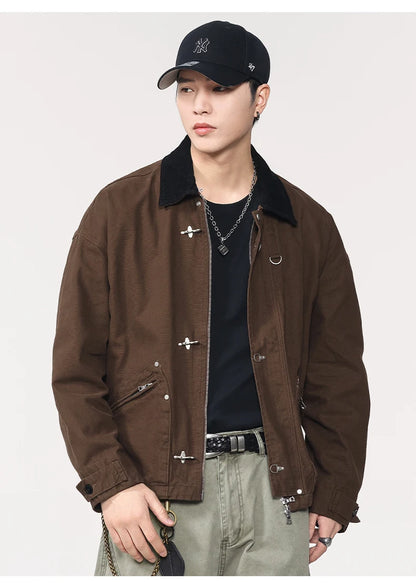 Men Washed Cotton Metal Buckle Streetwear Vintage Loose Casual Short Bomber Cargo Jacket Couple Spring Autumn Coat Outerwear.