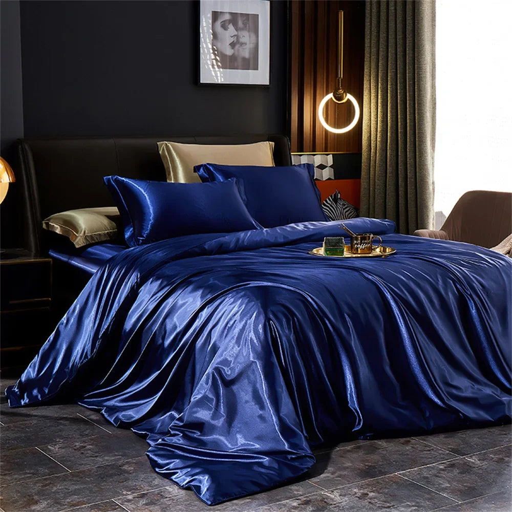 Solid Silk Bedding Set with Duvet Cover Bed Sheet Pillowcases Luxury Satin Single Double Bedsheet King Queen Twin Size.
