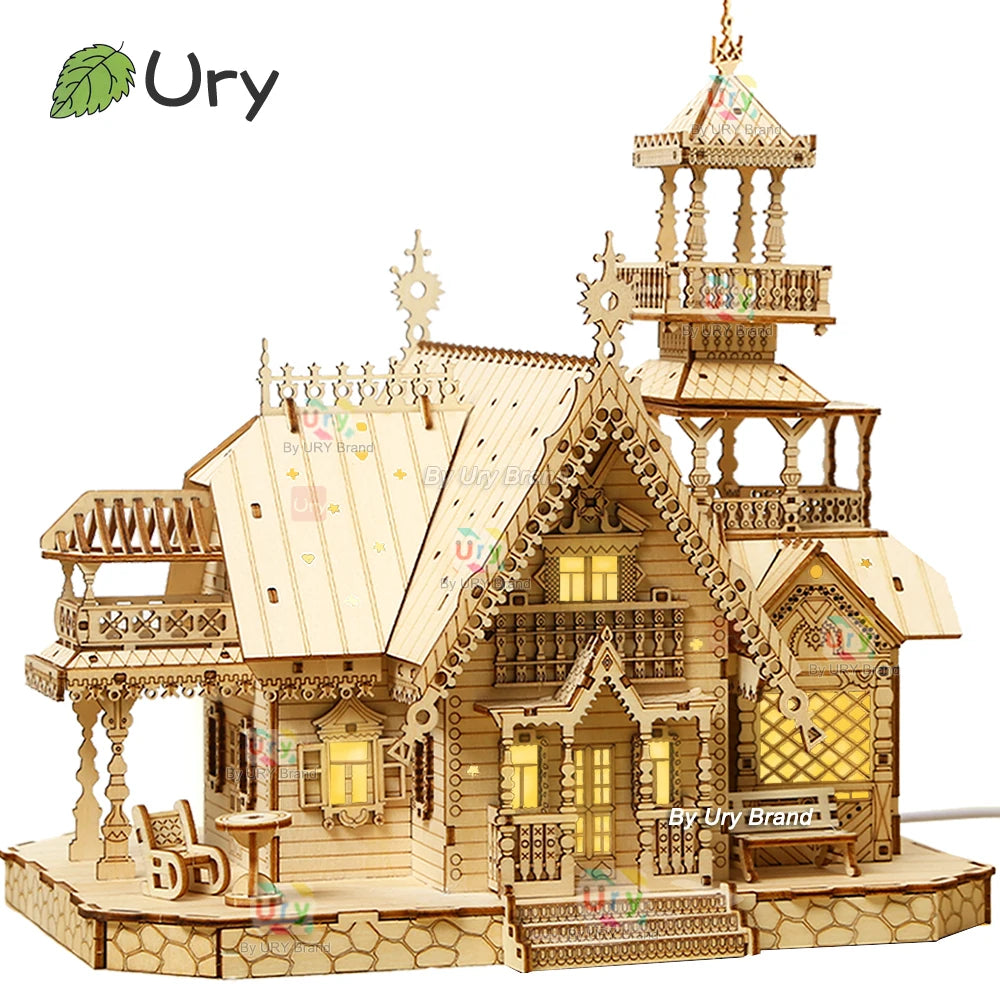3D Wooden Puzzle Villa House Royal Castle with Light Assembly Toy Kid Adult DIY Model Kits Desk Decoration for Gift.