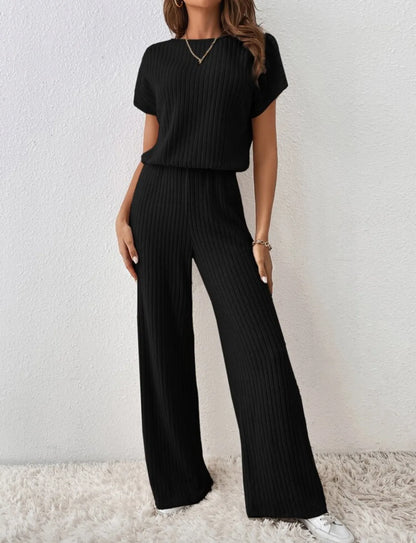 Two Piece Pant Sets Women Straight Pants Tops Pullover Short Sleeve Round Neck Spliced Top Solid Casual Streetwear Summer