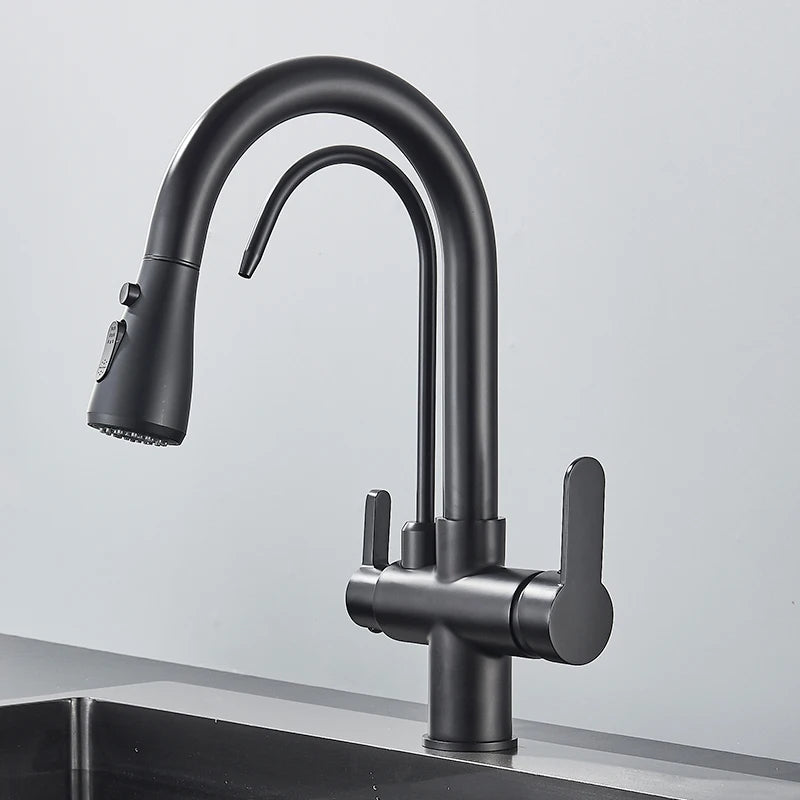 Quyanre Matte Black Filtered Crane For Kitchen Pull Out Spray 360 Rotation Water Filter Tap Three Ways Sink Mixer Kitchen Faucet