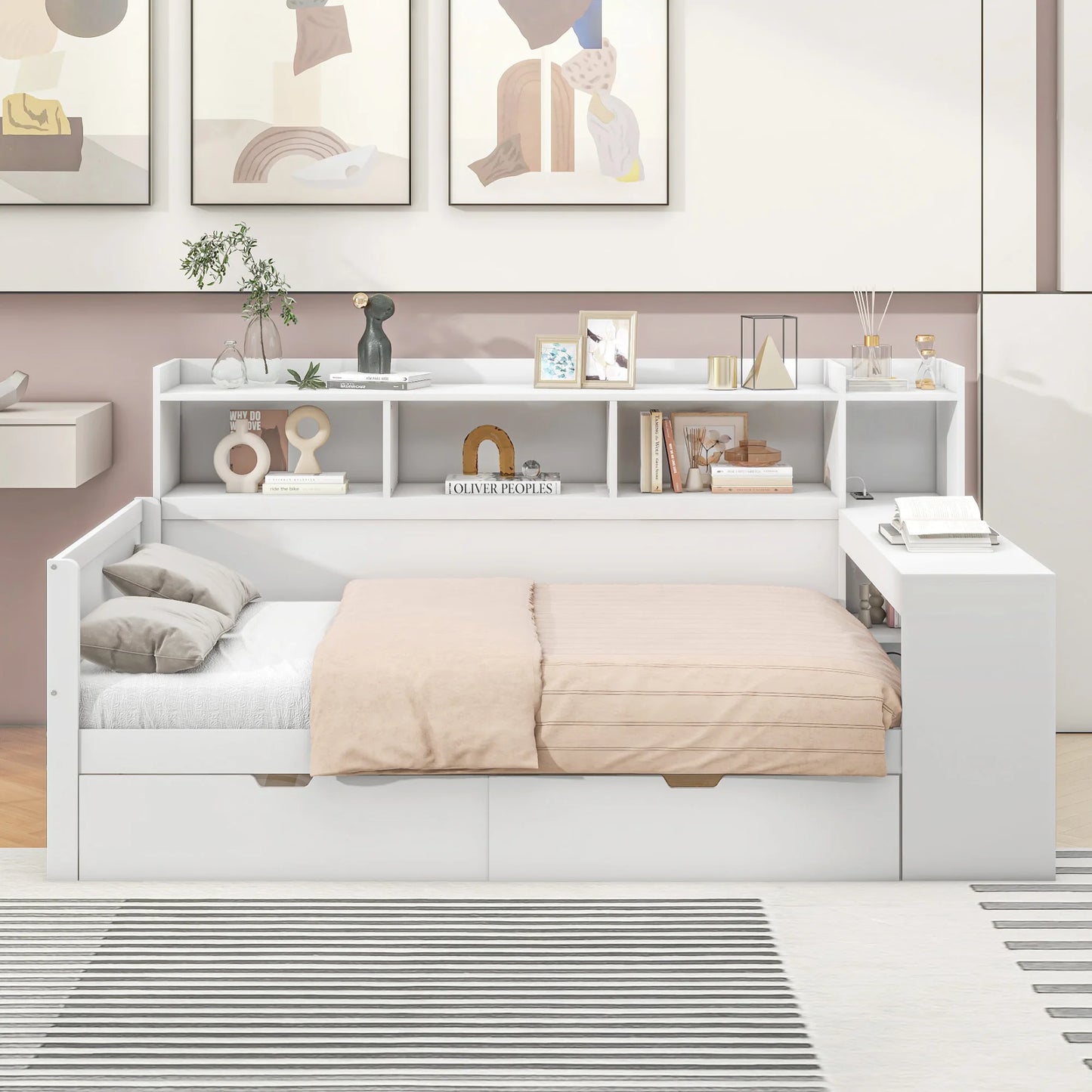 Merax Schlafsofa Daybett 90x200 cm Nachttischablage Untertischablage Bett mit Steckdose USB 2 Schubladen Schreibtisch ohne Matra