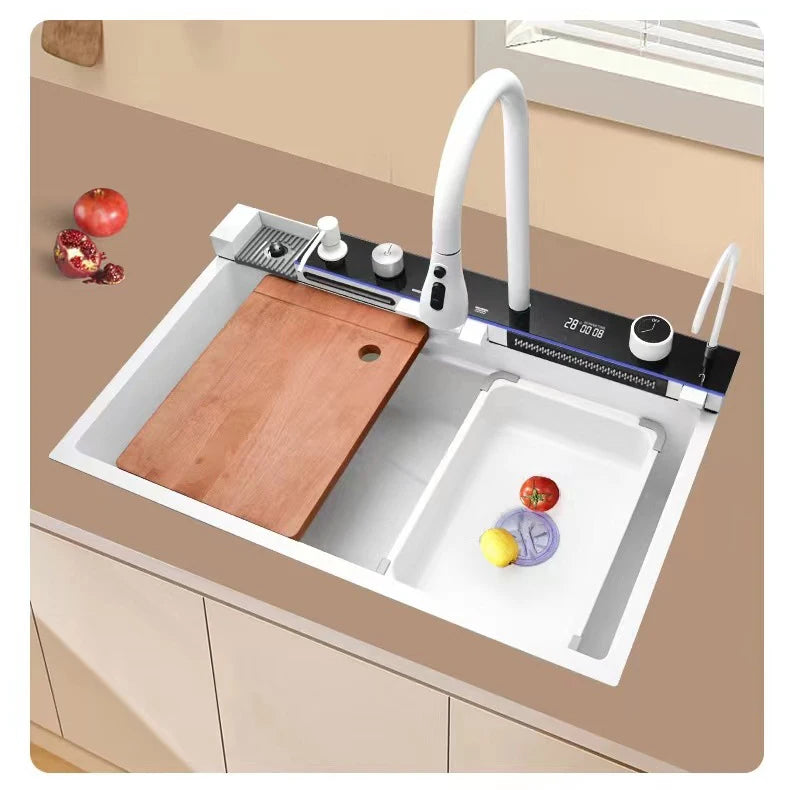 Stainless Steel Kitchen Sink with Hot Cold Pull Out Kitchen Sink Faucets Digital Large Single Bowl Waterfall Rain Kitchen Sinks