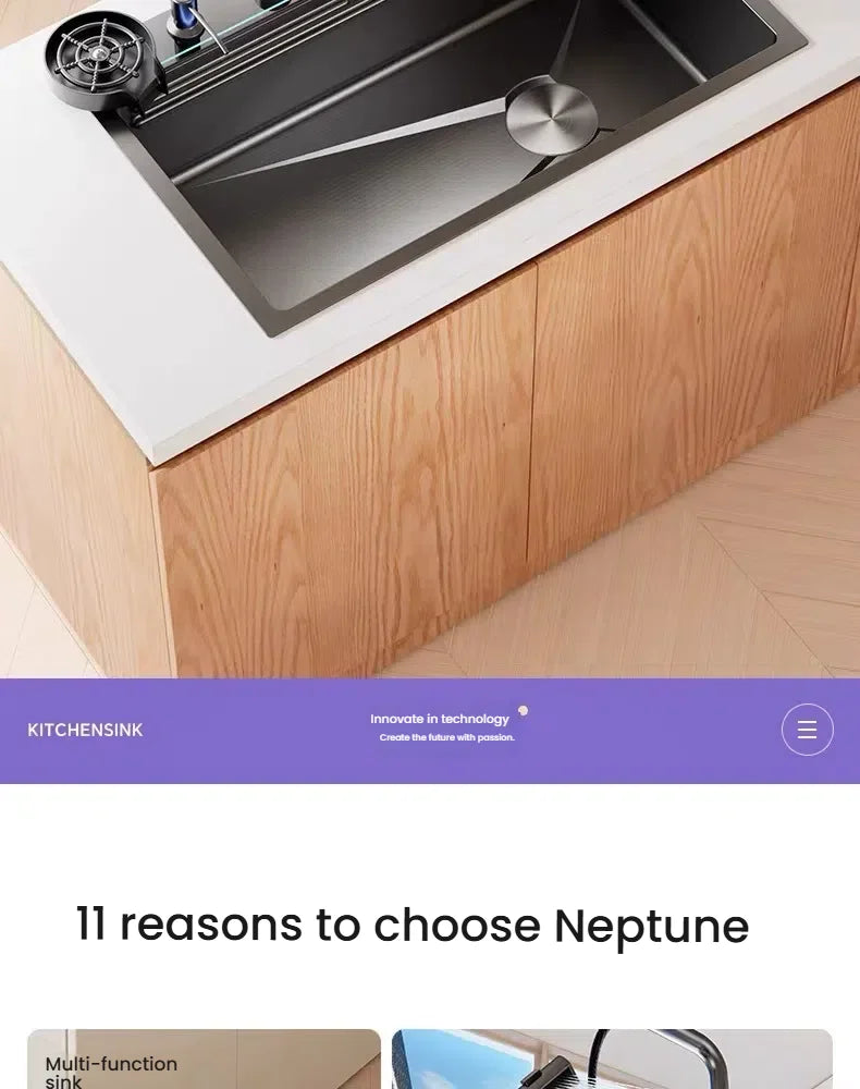 Household Intelligent Stainless Steel Kitchen Sink Digital Display Waterfall Wash Dish Basin Honeycomb Emboss Large Single Slot