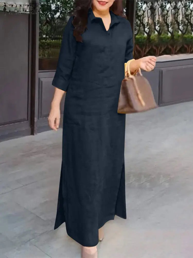Zanzea Mode Frühling Revers Hals 3/4 Ärmel solide Kaftan Sommerkleid elegante Frauen langes Hemd Kleid Robe Femme Arbeit Party Vestido.