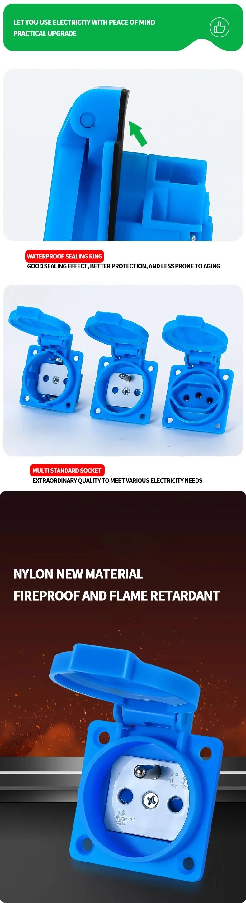 IP54 wasserdichte Bewertung EU UK Brasilien Französisch deutsche Außensteckdose 16A 250V Industriequalität Schalttafelsteckdose Steckdosen.