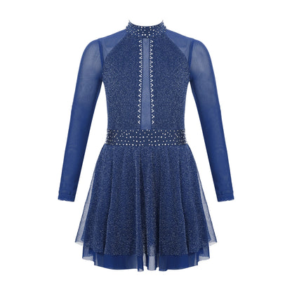 Kinder Mädchen Eiskunstlauf Kostüm Ballett lyrische Tanz gymnastik Trikot Kleid Langarm glänzend Mesh Performance Dance wear