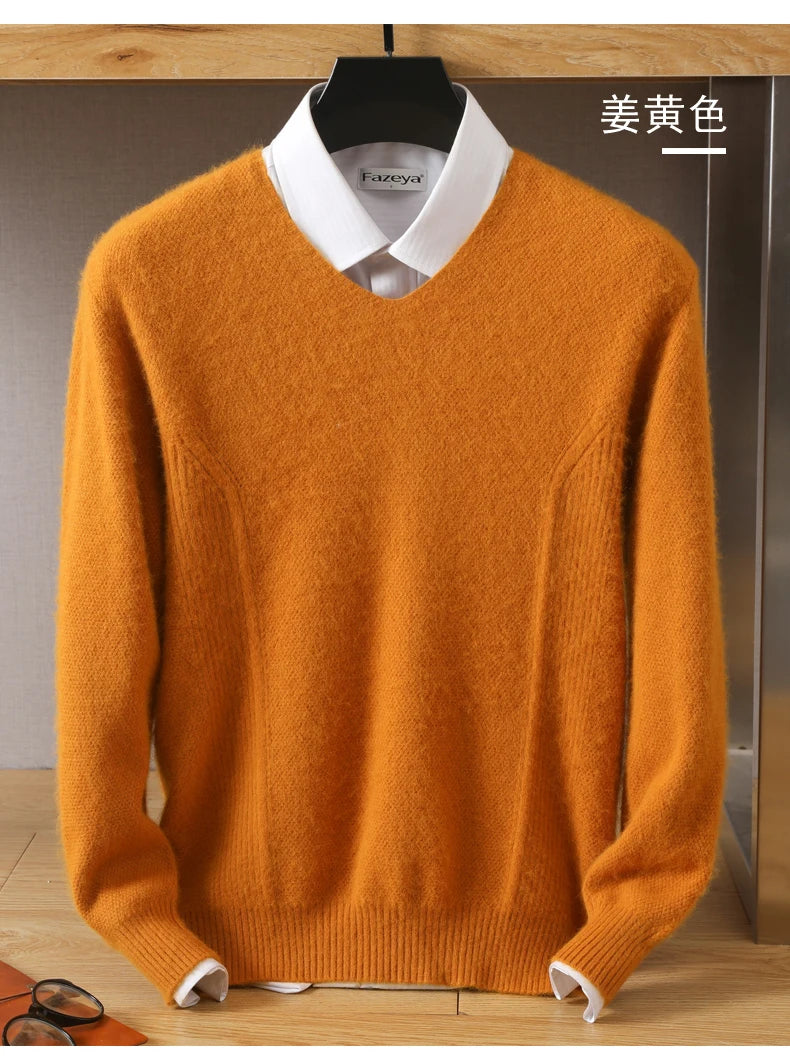 Men's 100% Pure Mink Cashmere Sweater V-Neck Pullovers Knit Large Size Mink Sweater Winter New Tops Long Sleeve High-End Jumpers
