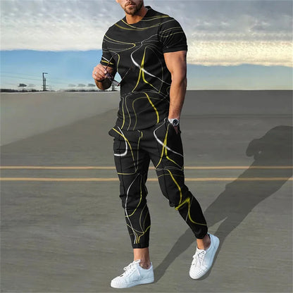 Men's T-Shirt Tracksuit 2 Piece Set Short Sleeve Sportswear Suits Fashion Men's Clothing Trousers Casual O-Neck Tops Pants Suits.
