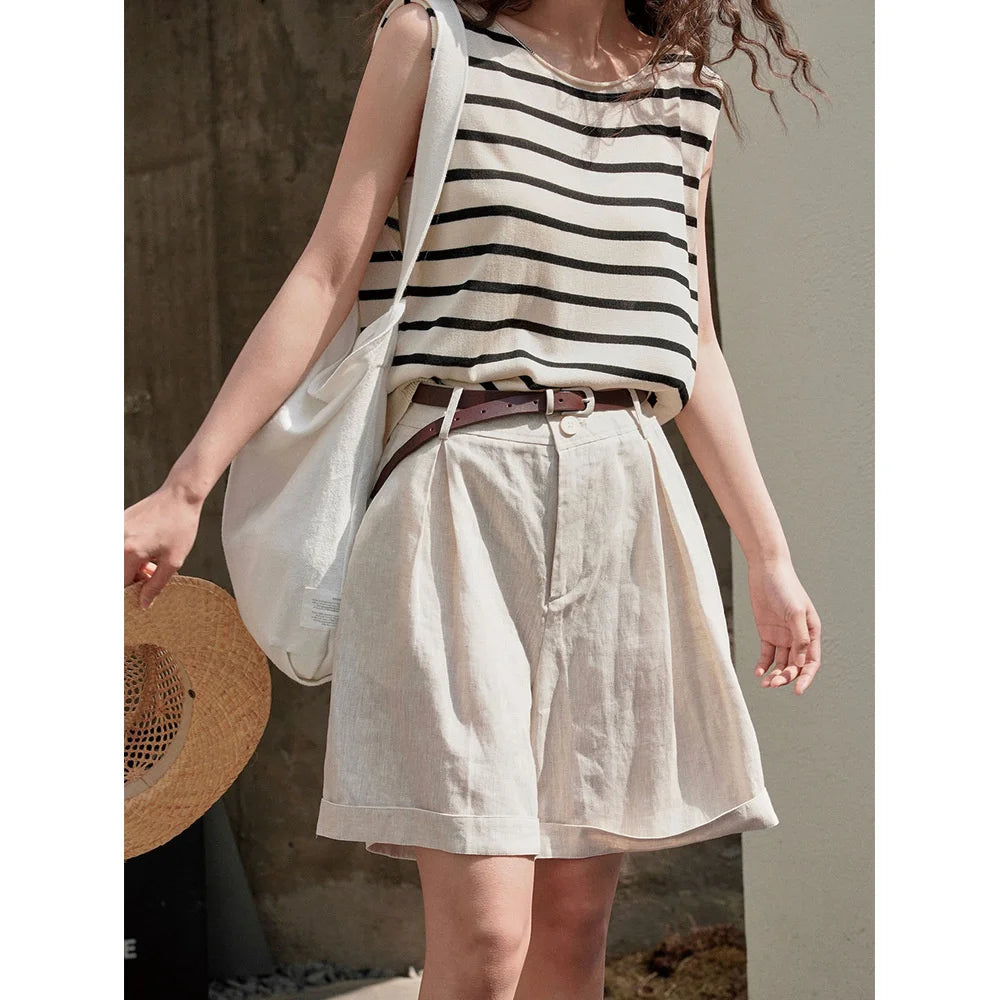 Summer Korea Style Lazy Linen Curled Bermuda Shorts Wide Leg Loose Slim Casual Hot Pants For Women.