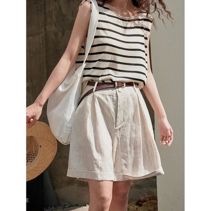 Summer Korea Style Lazy Linen Curled Bermuda Shorts Wide Leg Loose Slim Casual Hot Pants For Women.
