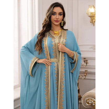 2PCS Muslimische Frauen Luxus Kimono Strickjacke Innere Kleid Set Dubai Abaya Kaftan Marokko Abend Party Kleid Djellaba Eid Jalabiya Neue.