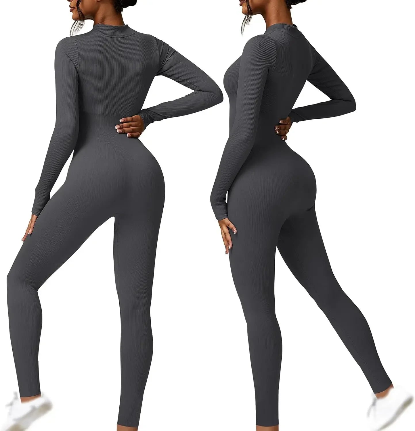 Seamless Long Sleeve Yoga Suit Waist-Fitted Shaping Trousers Casual Sports One-Piece Zippered Fitness Wear