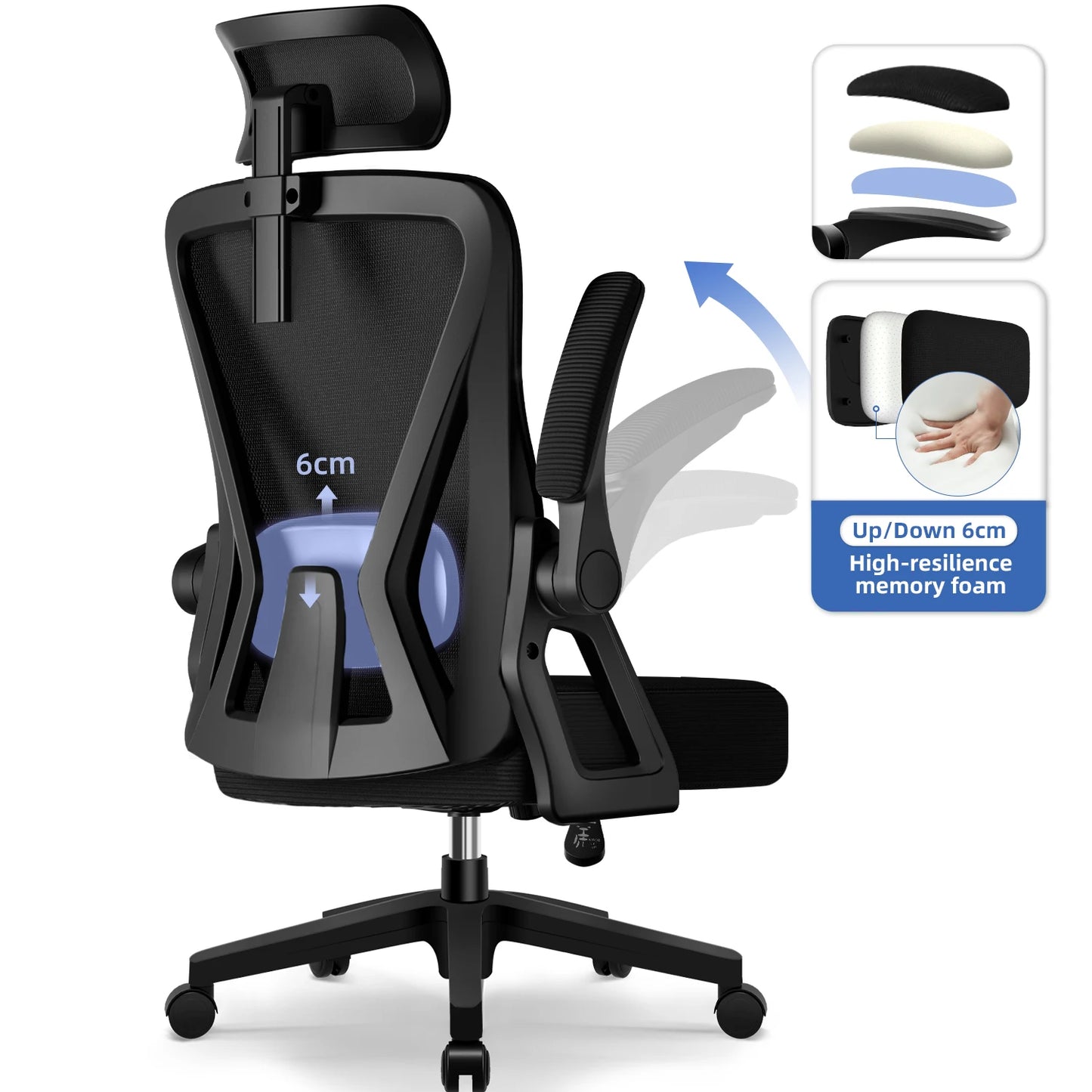 AUTHMIC Ergonomischer Bürostuhl – faltbare Armlehnen, verstellbare Rückenlehne, verstellbare Kopfstütze, verstellbare Lendenwirbelsäule, maximale Belastung 150 kg,