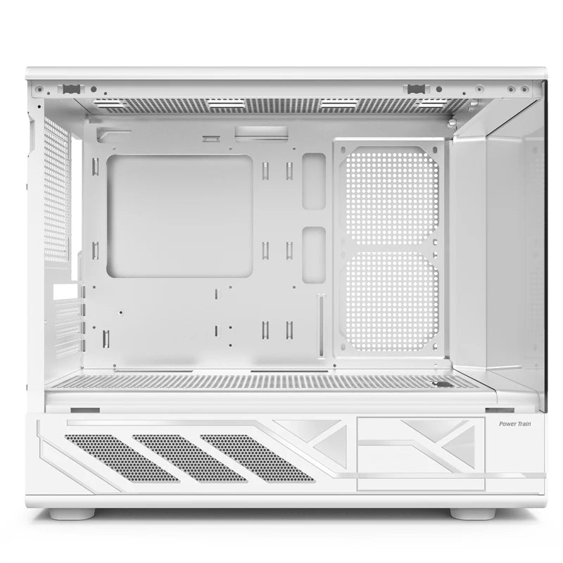 Power Train N5 MATX desktop room with a column-free sea view features a glass side computer case supports 360 water cooling.