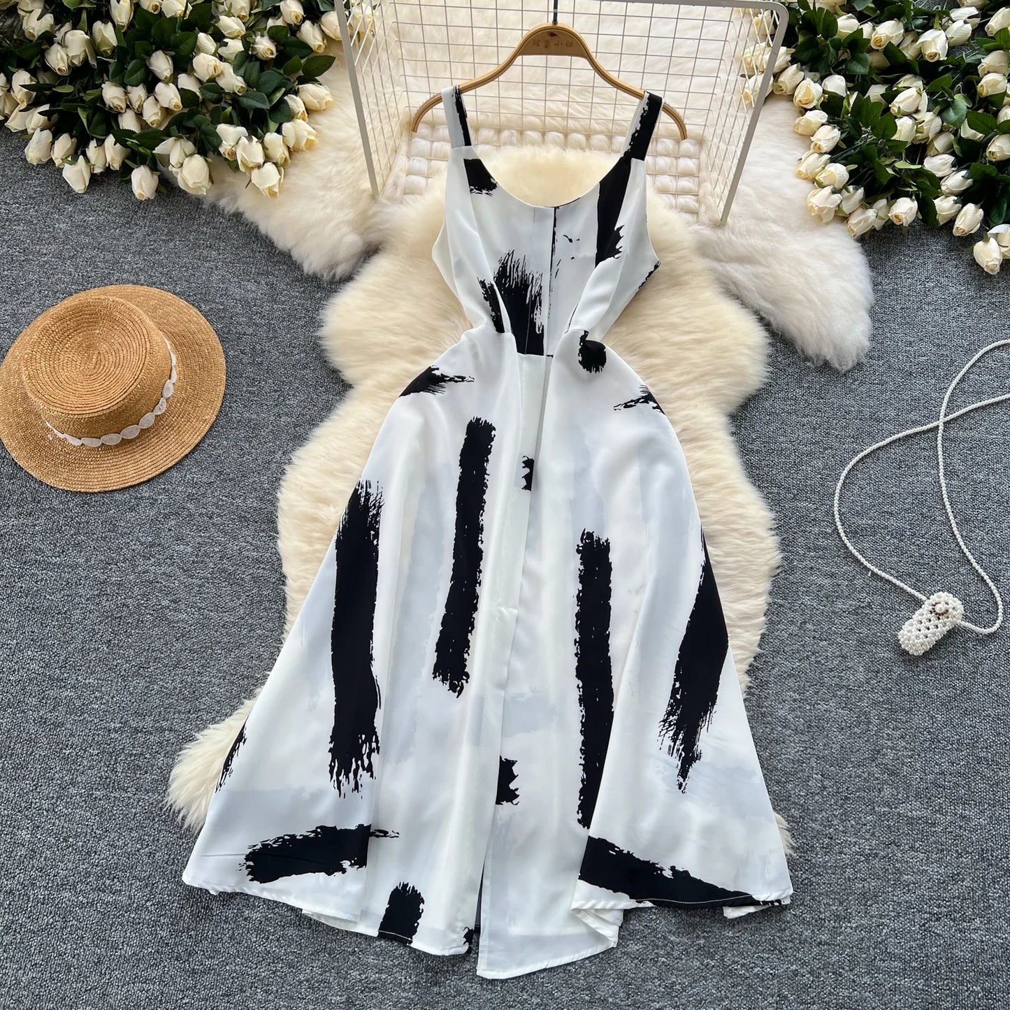 Neue Sommer Druck Süße Kleid Träger O Neck Backless Split Elegante Damen Urlaub Strand Party Midi Sommerkleid