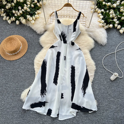 Neue Sommer Druck Süße Kleid Träger O Neck Backless Split Elegante Damen Urlaub Strand Party Midi Sommerkleid