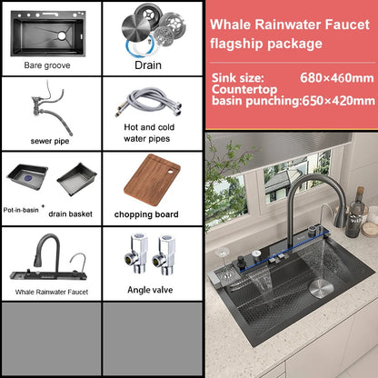 Stainless Steel Kitchen Waterfall Sink Embossed Digital Display Large Single Slot All-in-one Faucet Multi-functional Wash Bain