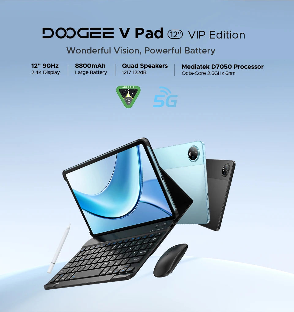 Doogee V Pad 5g 2 in 1 Tablet Pc 12" Dimensity 7050 Android 15 32Gb Ram (8+24) 256Gb Rom 8800Mah Battery Wifi 6 Ultra-Thin 5g Pc.