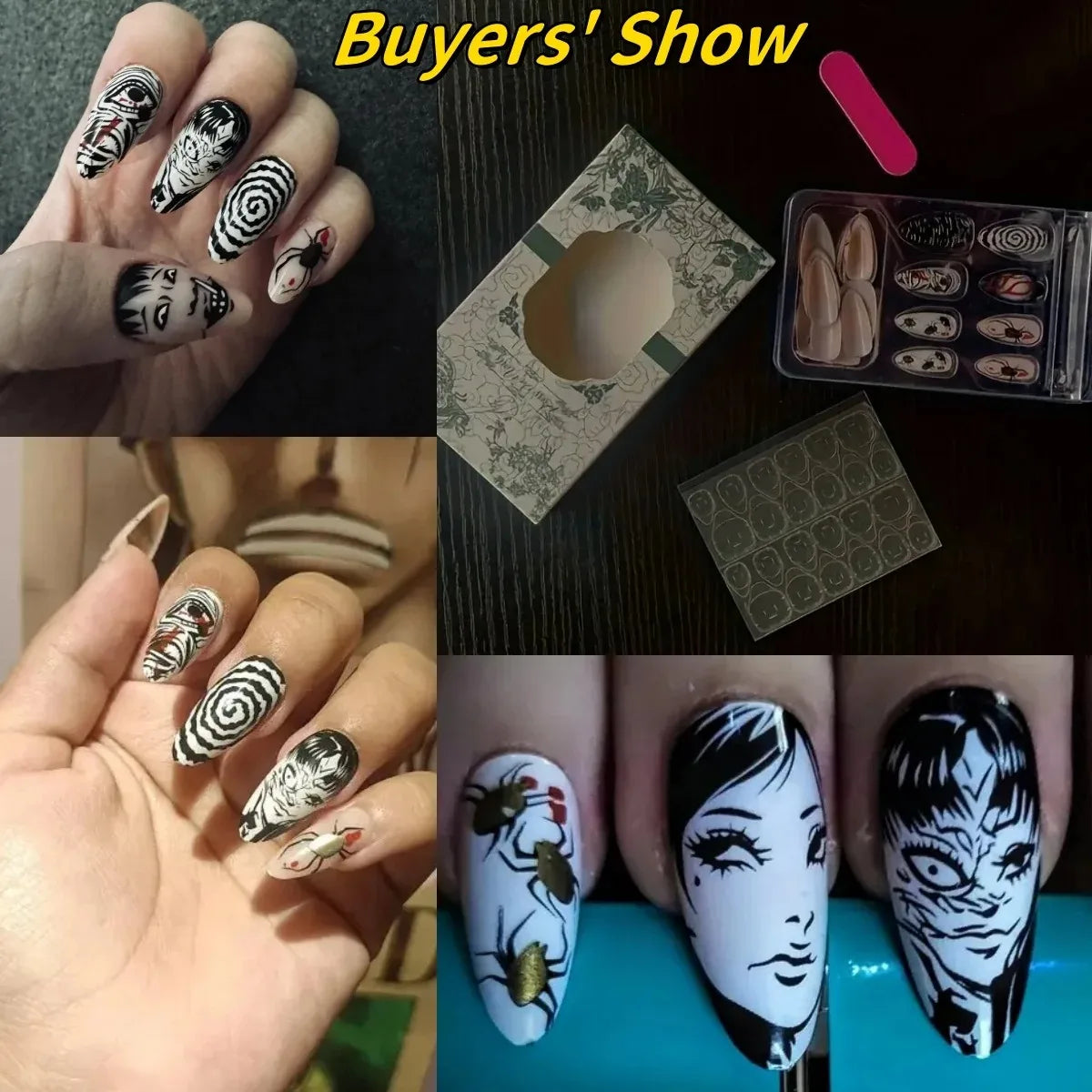 24Pcs Horror Comic Tomie Press on Nails Almond Glossy Black Japanese Anime Nails Reusable Halloween False Nail Tips for Girls.