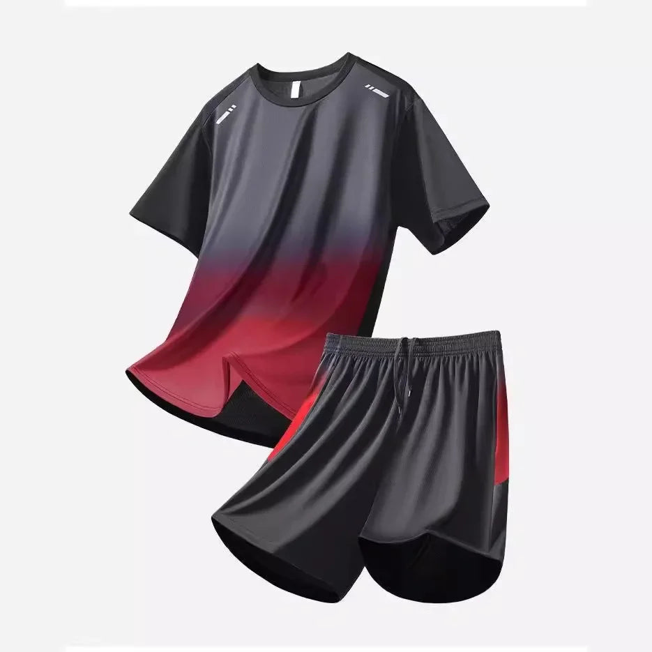 Men's Fitness Ice Silk Sports Suit Short Sleeve Training Room Basketball Morning Run Summer Outfit Shorts And T-shirt Set.
