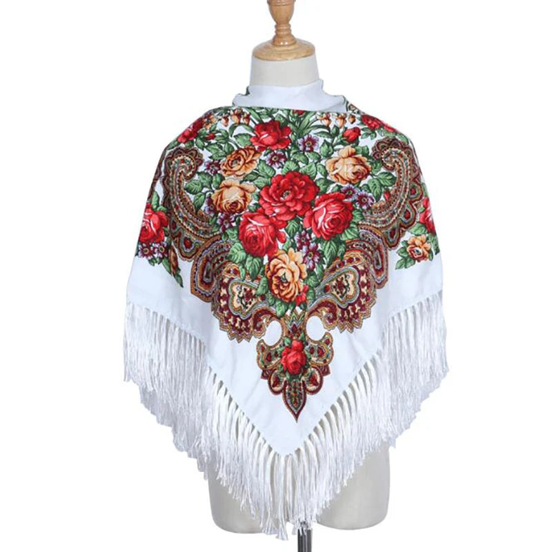 Women Luxury Floral Printed Russian Scarf Ukrainian Fringed Square Scarves Babushka Handkerchief Head Wraps Travel Shawl.