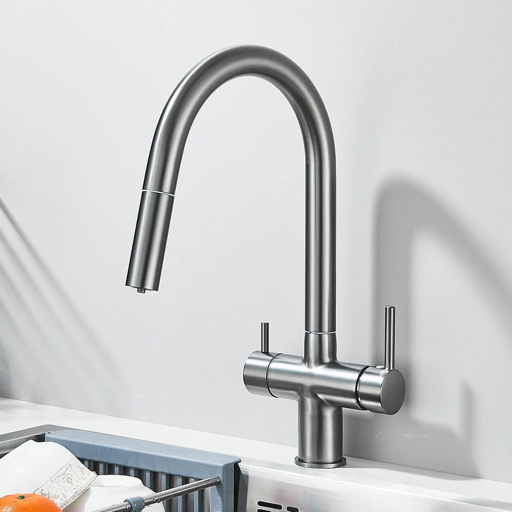 Filter Kitchen Faucet Pull Out Flexible Drinking Water Kitchen Faucets Dual Handle Metal 2 in 1 Hot Cold Water Mixer Tap