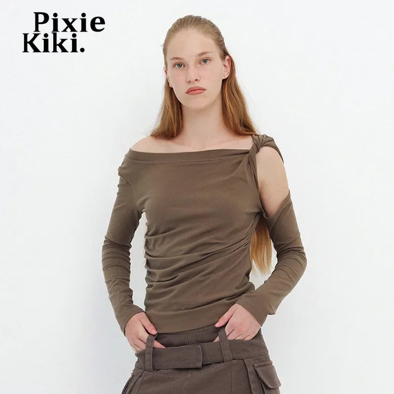 PixieKiki Twisted Hollow Out Off Shoulder Long Sleeve Tops 2000s Clothes Y2k Asymmetrical T Shirts for Woman P85-BE15.
