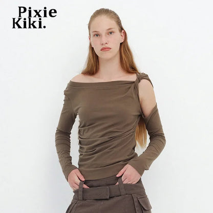 PixieKiki Twisted Hollow Out Off Shoulder Long Sleeve Tops 2000s Clothes Y2k Asymmetrical T Shirts for Woman P85-BE15.