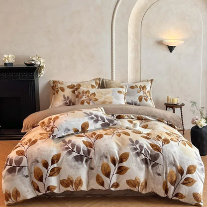 2025 new light luxury style high gram milk fleece 1.5m/1.8m bed four-piece printing warm bed sheet quilt cover.