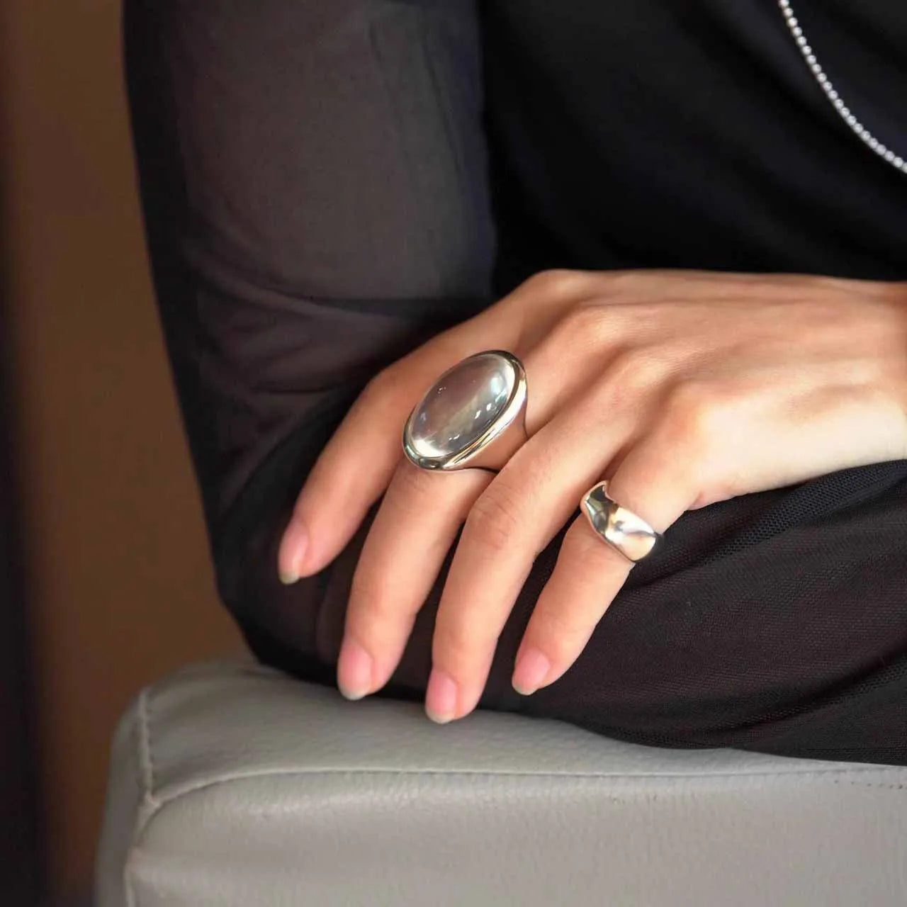 PANJBJ 925 Sterling Silver Geometry Crystal Ring For Women Ellipse Exaggerated Punk Water Drop Open Jewelry Gift Dropshipping.