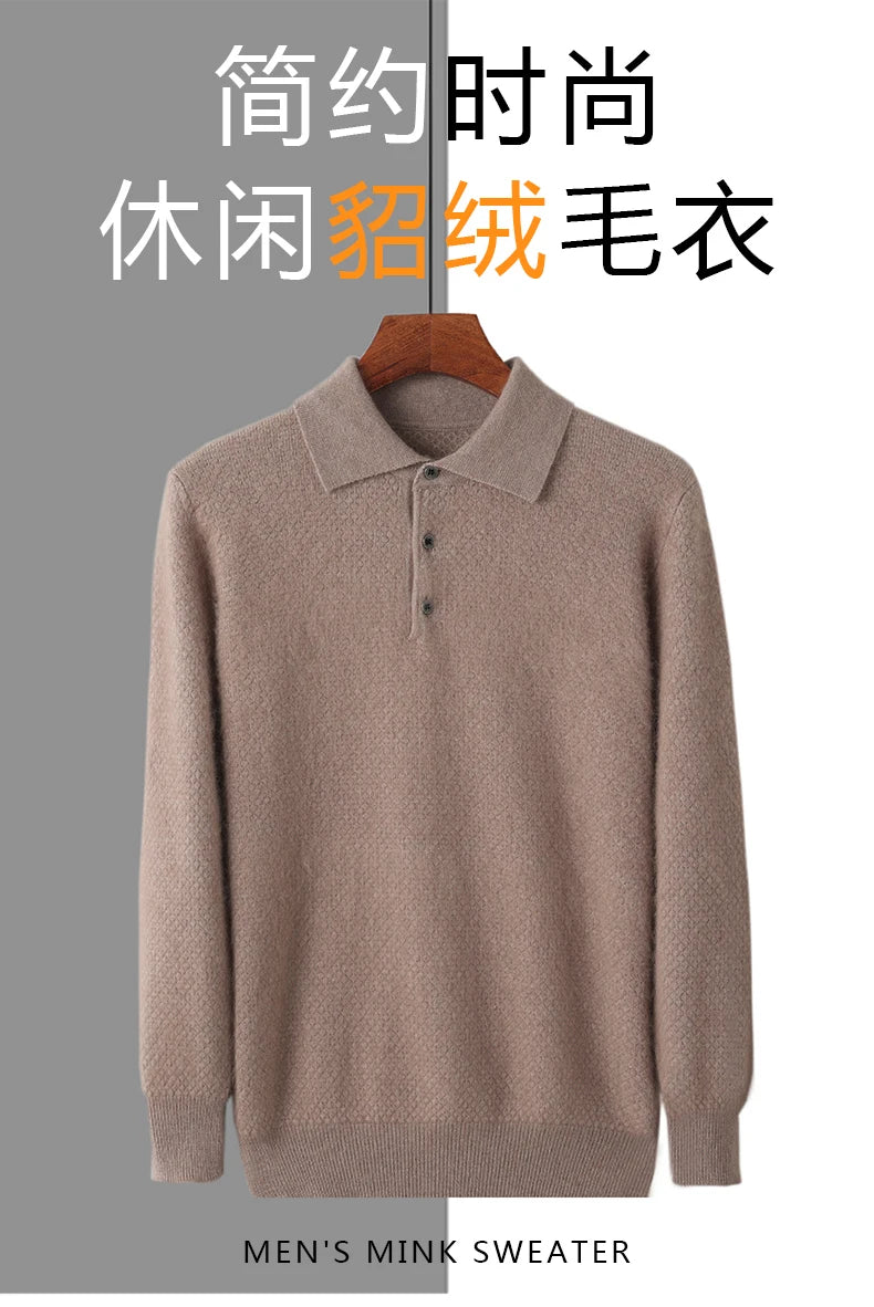 Men's 100% Mink Cashmere Large Size Sweaters Autumn Winter Solid POLO-neck Casual Knit Pullovers Men Long Sleeve Warm Jumper to.
