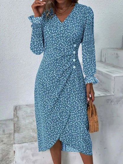 Frühling Floral Bodycon Midi Kleid Für Frauen V-ausschnitt Langarm Rüschen Slim Fit Kleider Weibliche Sexy Vestido Robe.