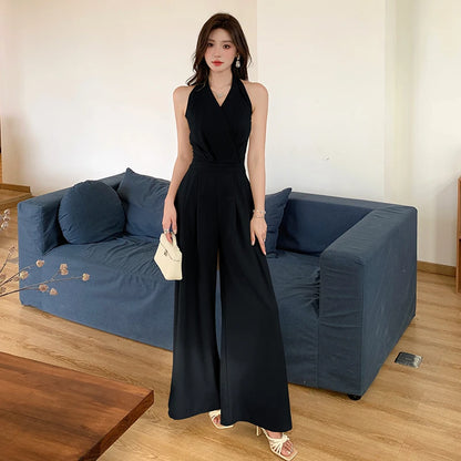 2025 Women Summer Clothes Sexy Halter Backless Folds Jumpsuits Female Wide Leg Loose Rompers Ladies Solid Long Jumpsuit C260.