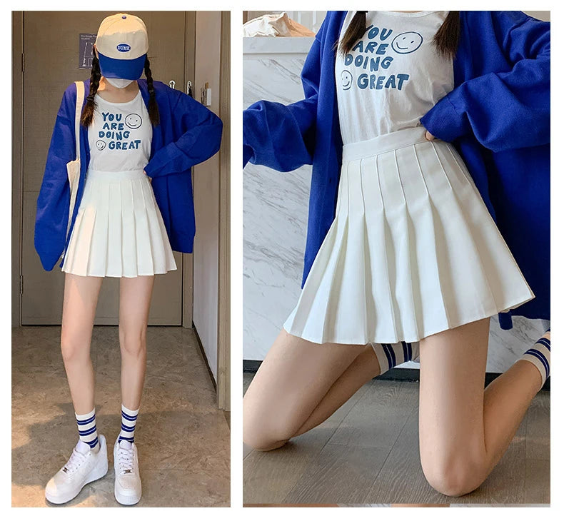 Zjaiss White Women Plus Size Pleated Skirts Summer High Waist Zipper Girls Dancing JK Black Fashion Student A Line Mini Skirts.