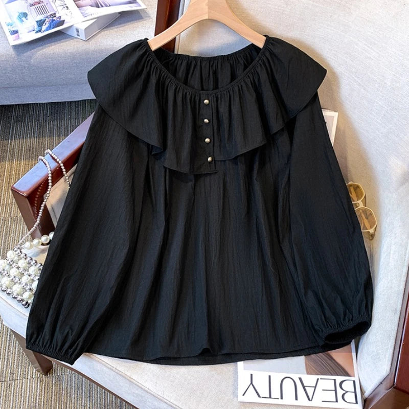 2025 French Large Size Long Sleeve O-neck Solid Color Loose Ruffle Shirt Ladies Spring Autumn Plus Size Blouses for Women.