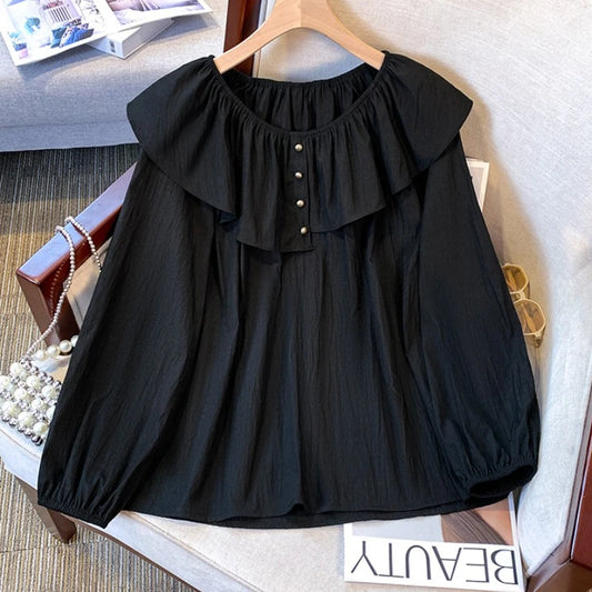 2025 French Large Size Long Sleeve O-neck Solid Color Loose Ruffle Shirt Ladies Spring Autumn Plus Size Blouses for Women.