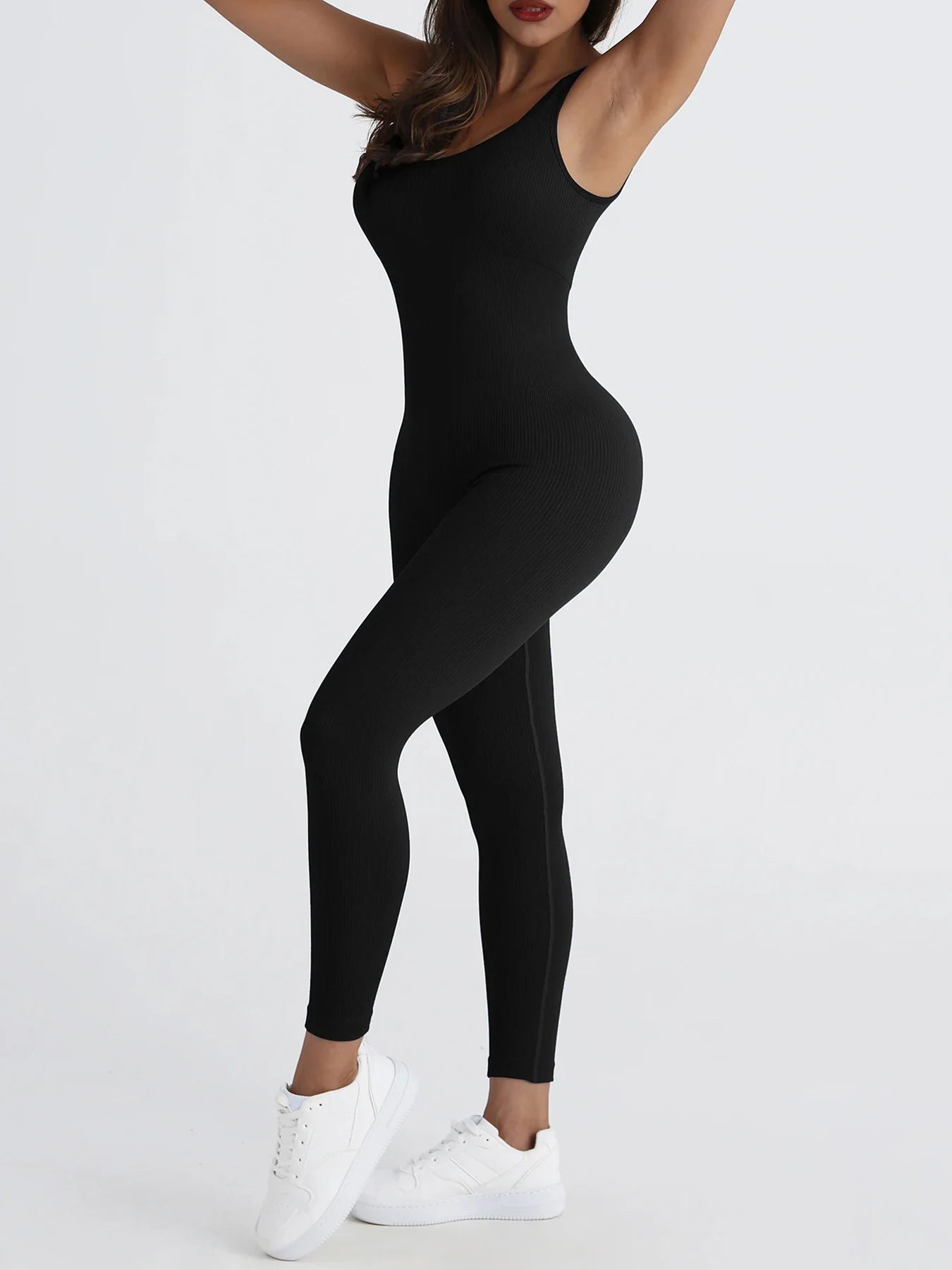 Women's jumpsuit yoga ribbed bodysuit seamless square neck leggings for sports and fitness.