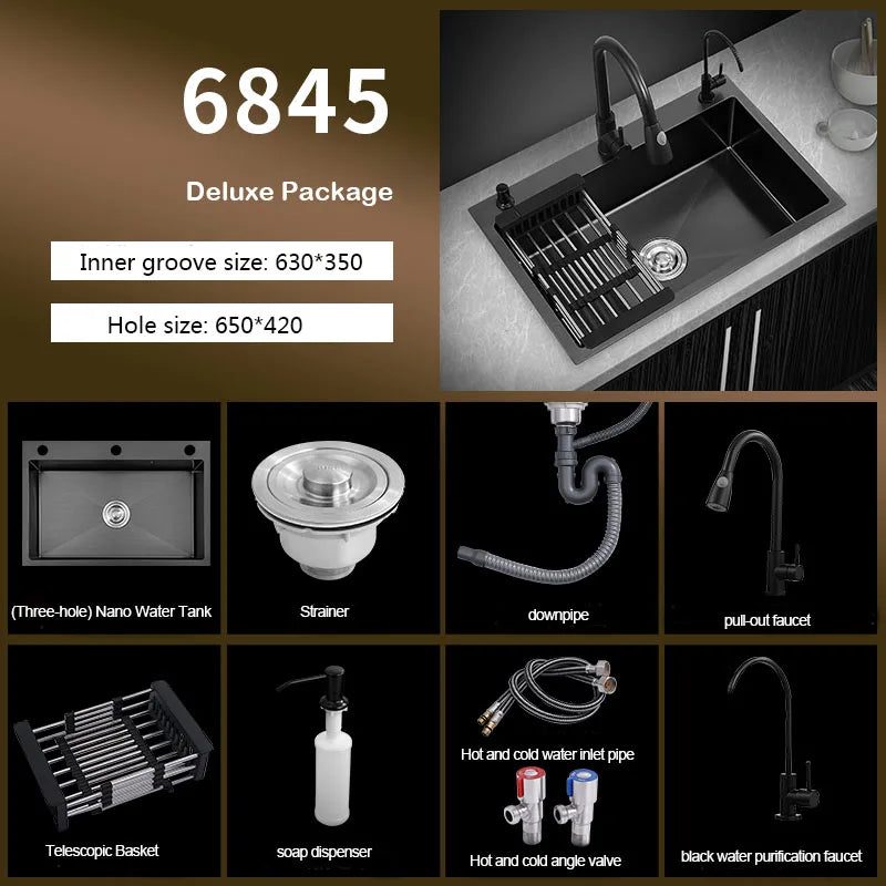 kitchen sink Black nano-sink single-slot household hand-washing basin kitchen large 304 stainless steel sink sink bowl