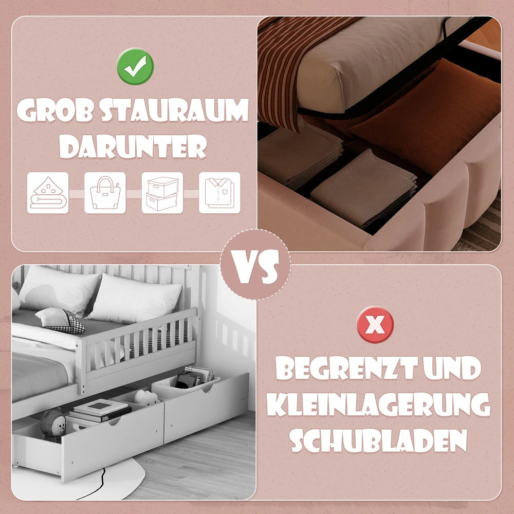 Modernes Polsterbett, 90 x 200 cm, ohne Matratze, LED-Beleuchtung, mit hydraulischem Gerät, verstellbarer Kopfteil, Samt, Grau