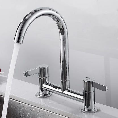 Modern Double Lever Sink Faucet Kitchen Hot Cold Wash Mix Sink Mixer Taps 360° Swivel Spout Kitchen Two Seat Elbow Faucet Filter