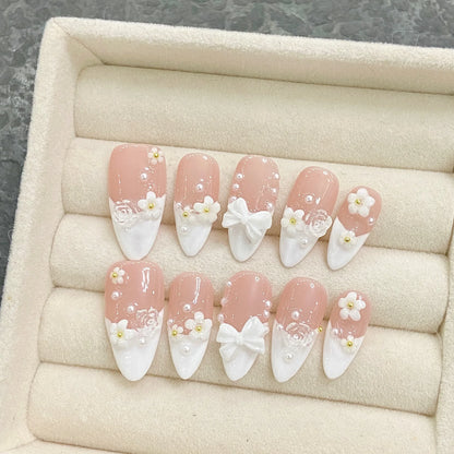 10pcs White Flowers Decor Fake Nails French Pearl Almond Fake Nail Patch Wearable Full Cover Handmade Bride Press on Nail Tips.
