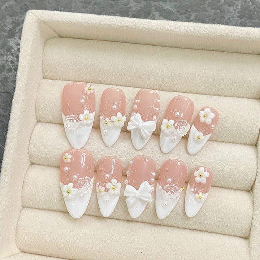 10pcs White Flowers Decor Fake Nails French Pearl Almond Fake Nail Patch Wearable Full Cover Handmade Bride Press on Nail Tips.