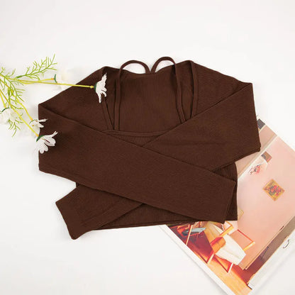 CHRLEISURE Ribbed Seamless Crop Top Women's Long Sleeve Sports Shirt  Elastic Slim Workout Tee Outdoor Yoga Shirts Gym Wear.