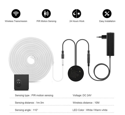 DC24V 10M/5M Silicone Tube Neon LED Strip Light With 2 Wireless Moveable PIR Motion Sensor Switches For Bedroom Corridor Stairs.